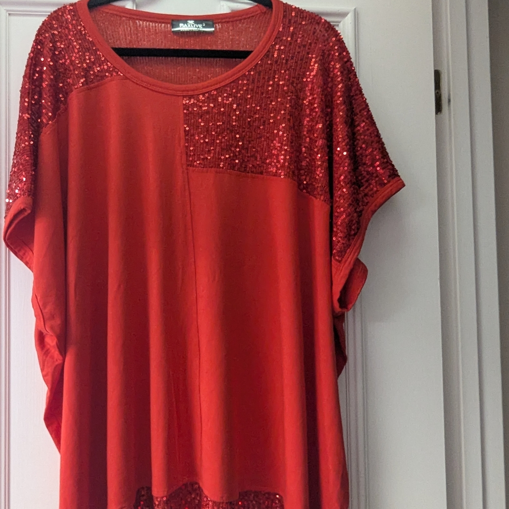 Red Oversized Sequin Dolman Sleeve Top